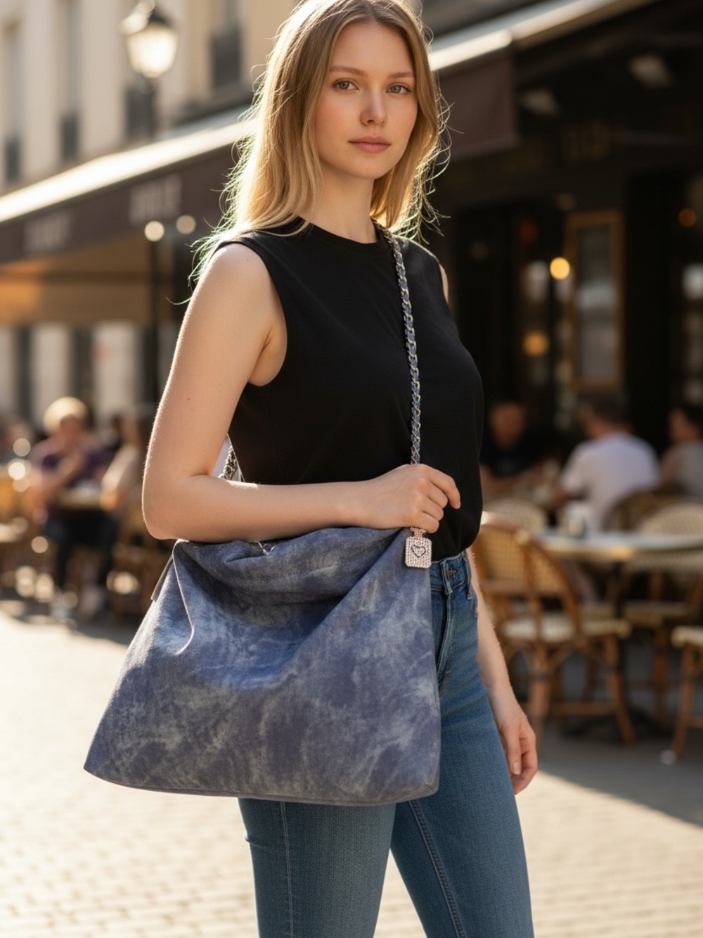 Tie-Dye Washed Blue Chain Strap Hobo Bag & charm